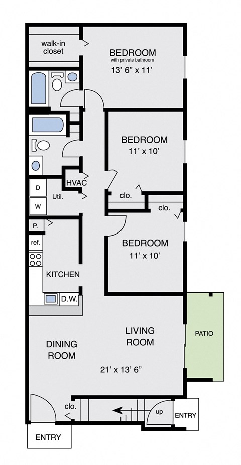 Floor plan for 3 beds, 2 baths, 1145 sqft